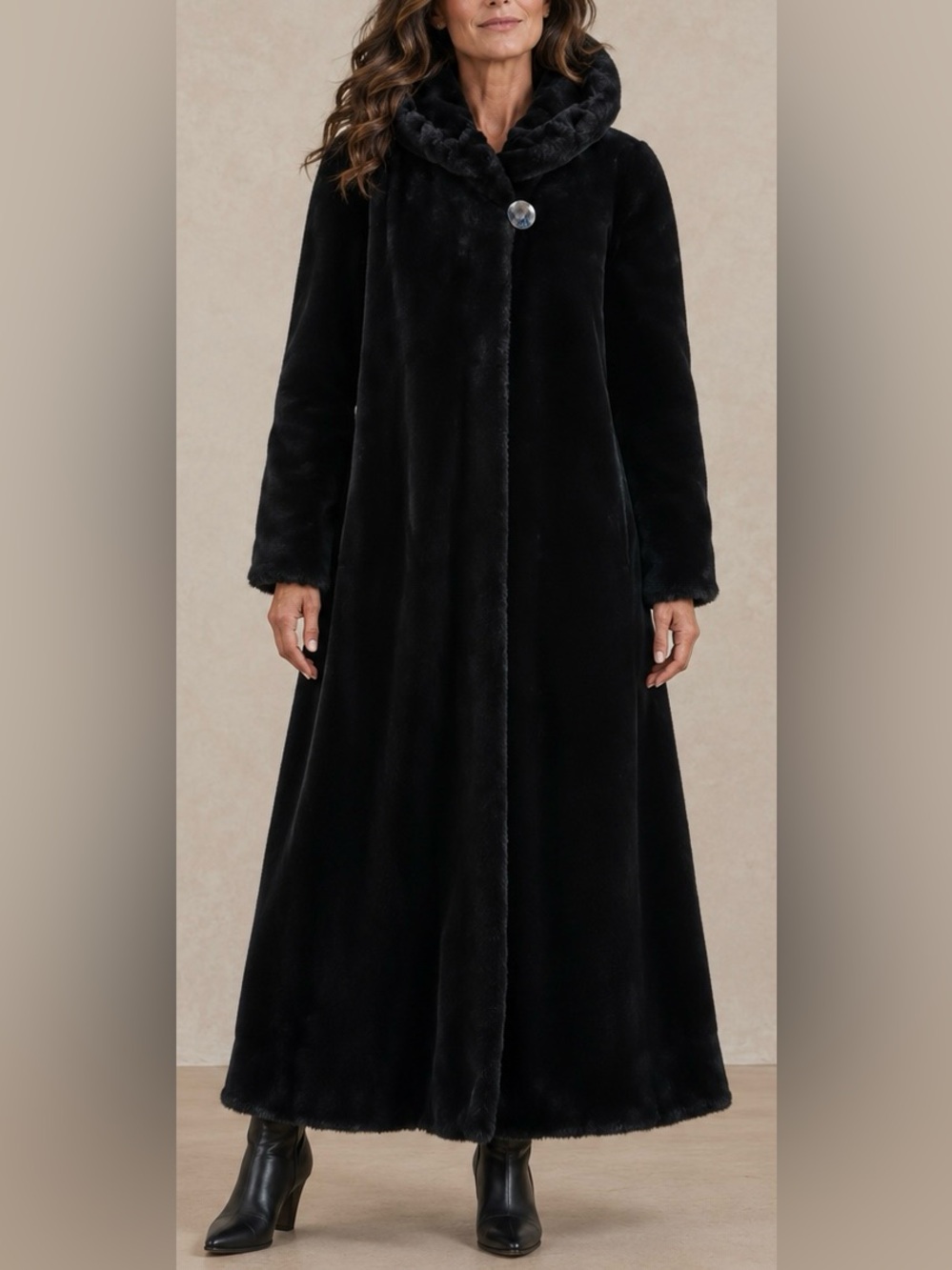 NWOT! NUAGE LookALike Full Length Faux Fur Hooded Coat, SMALL, BLACK